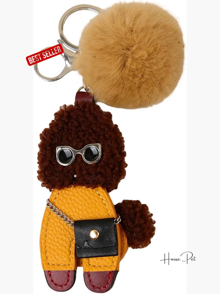 Teddy Dog Keychain With Pom Pom - Leather Plush Bag Charm For Handbags